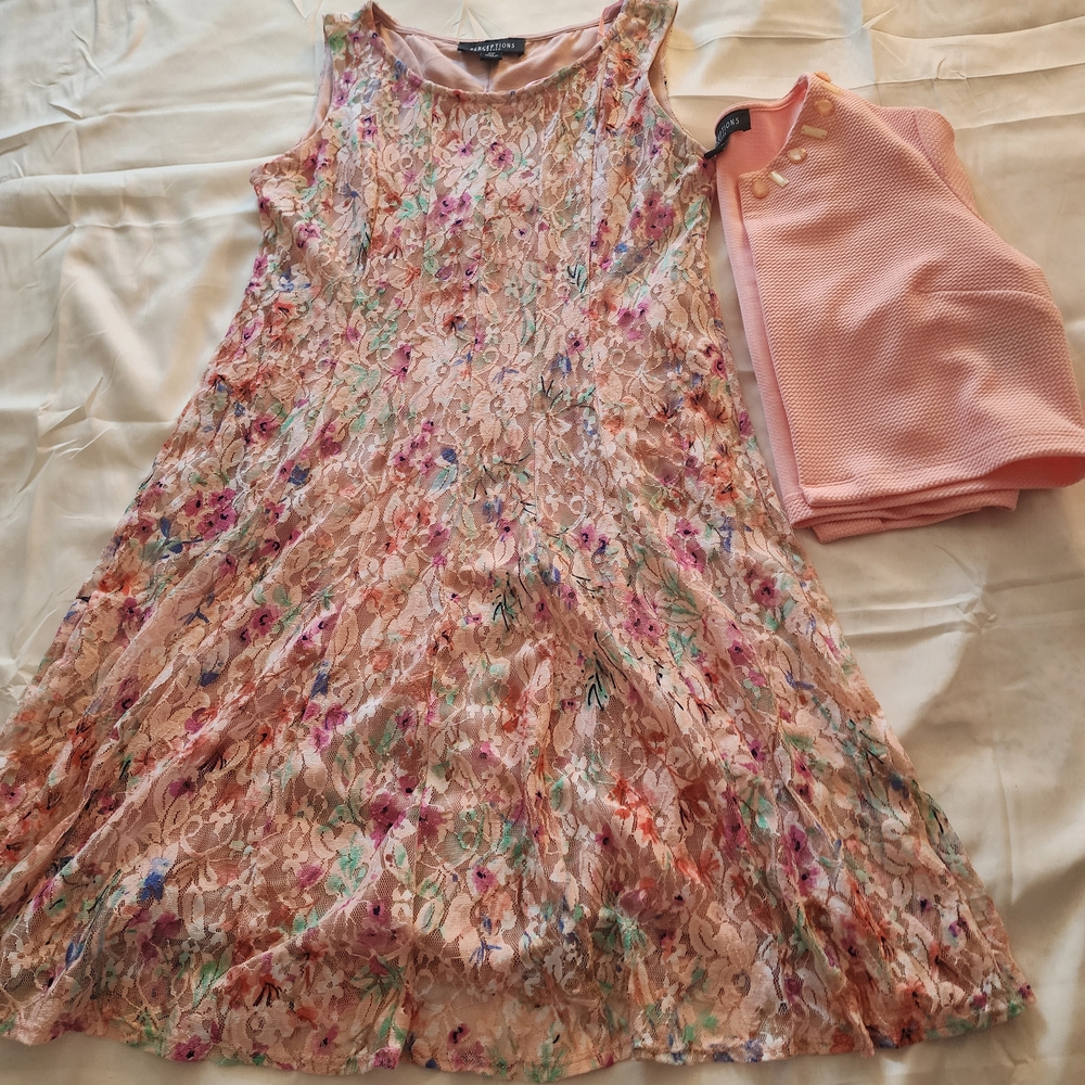 Floral Lace Dress with Coral Sweater